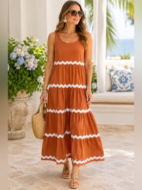 Sleeveless Maxi Dress in Rust with White Trim -M